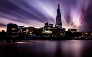 Картинка осколок, Лондон, огни города, ориентир, линия горизонта, ратуша, городской пейзаж, Англия, фиолетовое небо, небоскребы, длительное воздействие, река Темза, закат