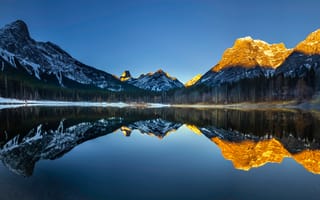 Картинка клин пруд, национальный парк банф, восход, пейзаж, альпийское свечение, Альберта, чистое небо, 5к, Канада, отражение, первый свет