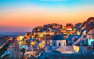 Картинка Ия, Санторини, яркий, здания с голубыми куполами, красочное небо, закат, панорамный, Греция, 5к