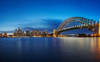 Картинка Сидней Харбор Бридж, оперный театр, 5к, Австралия, ночное время, линия горизонта, водное пространство, голубое небо, панорама, длительное воздействие, городской пейзаж, отражение, 8k