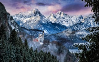 Картинка замок нойшванштайн, утро, швангау, Германия, древняя архитектура, заснеженный, зима, 5к, горы