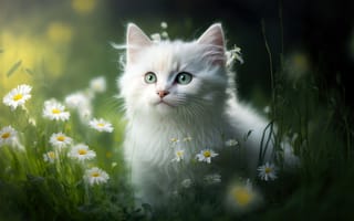 Картинка белый мех, котенок, белая эстетика, зеленая трава, ИИ искусство, 5 тыс., цветы ромашки