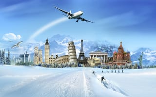 Картинка горы, сабор, Зима, снег, пиза, лыжники, здания, самолёт