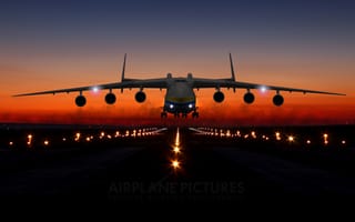 Картинка Ан-225, Взлётно-посадочная полоса, огни, закат, самолёт, Мрия
