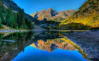 Картинка горы, maroon bells, колорадо, aspen, озеро, maroon lake, colorado, аспен, лес, отражение, марун-беллс, usa