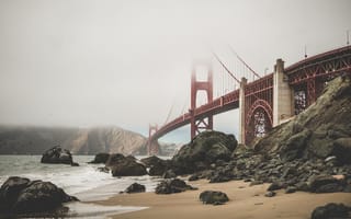 Картинка калифорний, Сан-Франциско, высокое разрешение, красный мост, пляж, hd, зона залива, туман, Мост Золотые Ворота, город, пейзаж, океан