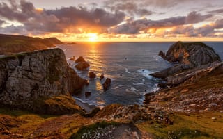 Картинка Графство Донегал, скалы, пейзаж, Ирландия, море, закат