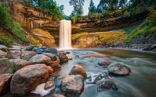 Картинка Миннеаполис, река, водопад, камни, деревья, скалы, Миннесота, природа
