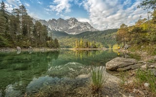 Картинка Озеро Айбзее, деревья, камни, Германия, горы лес, природапейзаж