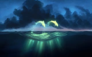 Картинка дельфины, подводный мир, рендеринг, произведение искусства, художник, цифровое искусство, море