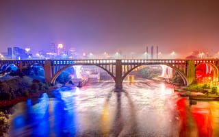 Картинка Minneapolis, штат Миннесота, Minnesota, город, иллюминация, ночь, Миннеаполис, река, ночные города, мост, США