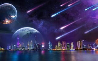 Картинка небоскребы, Дубай, метеорит, ночной пейзаж, река, Сингапур, городской пейзаж, галактический город, ночной город, город, Австралия, Китай
