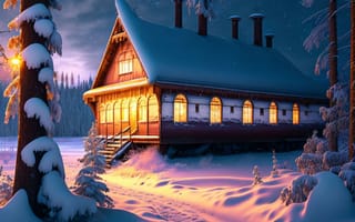 Картинка Сибирь, лес, природа, мороз, домик, ночь, 3д графика, зима, пейзаж, цвет, холод, станция, свет