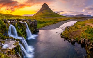 Картинка Исландия, природа, закат, горы, рок, водопад, пейзажи, небо, камень, река