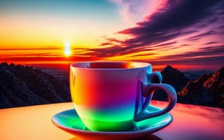 Картинка чашка, кофе, ai сгенерирован, бесплатные, свет, рассвет, солнце, цвет, отражение, небо, облака, яркий, утро, рендеринг