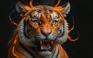 Картинка тигр, лицо, темный, огонь, смотрит, цифровое искусство, рендеринг