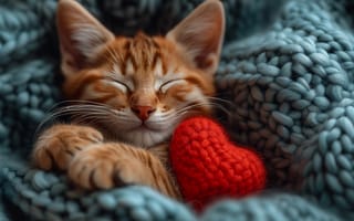 Картинка сердечко, любовь, сон, спит, кошка, рыжик, Котик, кошки