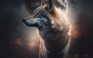 Картинка арт, волк, хищник, зверь, собаки, луна