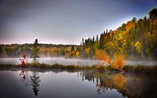 Картинка пейзаж, дерево, сумрак, цвета, природа, облако, Квебек, озеро, осенний пейзаж, сезон, туман, солнечный свет, спокойствие, вечер, атмосферное явление, осень, отражение, утро, рассвет, компьютерные, контраст, восход солнца, деревья, лист, вода