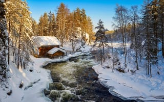 Картинка Финляндия, Лапландия, лес, зима, дом, река, природа, деревья, пейзаж