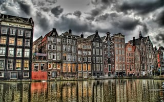 Картинка Амстердам, канал, европа, здание, архитектура, пасмурно, hdr, город, нидерланды, старое здание