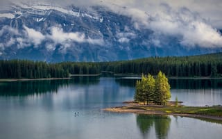 Картинка Two Jack Lake, деревья, Banff National Park, озеро, пейзаж, горы, лес, природа