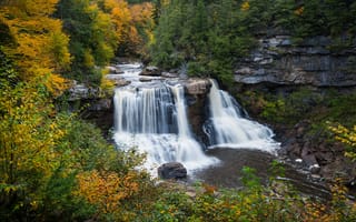 Картинка Blackwater Falls, речка, лес, пейзаж, водопад, деревья, West Virginia, осень, скалы, камни, природа