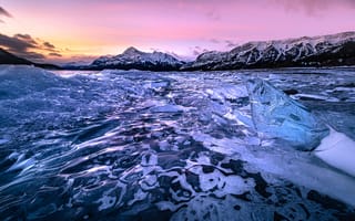 Картинка зима, закат, Canada, горы, Alberta, Канада, Альберта, лёд
