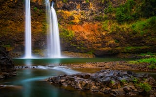 Картинка скала, река, Водопад, Kauai Island, Wailua River, Ваилуа, Гавайи, Остров Кауаи, Река Ваилуа, водопад, Wailua Falls, Hawaii