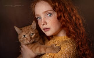 Картинка кот, котейка, рыжеволосая, лицо, кудри, взгляд, портрет, Александра Кананерова, рыжая, конопатая, девочка, веснушки, рыжий