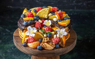 Картинка ягоды, торт, апельсины, орехи, цветки