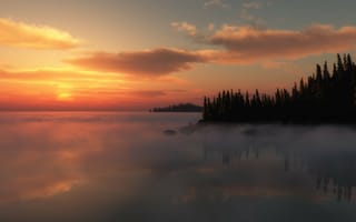 Картинка закат, озеро, туман, деревья