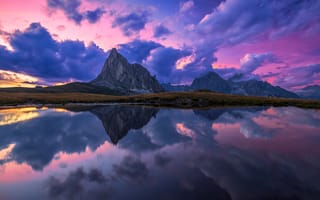 Картинка облака, закат, Италия, озеро, горы, Доломитовые Альпы, отражение, Italy