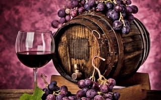 Картинка красный, ягоды, вино, бочка, vine, напиток, Grapes, виноделие, виноград, бокал