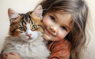 Картинка кошка, настроение, девочка, друзья, портрет, неросеть