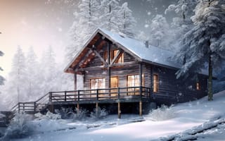 Картинка зима, лес, house, ночь, снег, мороз, домик, хижина