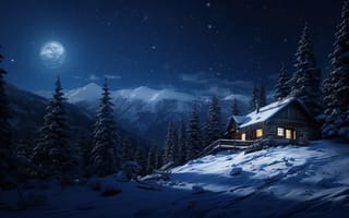 Картинка зима, лес, домик, хижина, ночь, снег, house, мороз