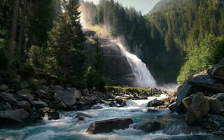 Картинка лес, деревья, Река Кримлер-Ахе, водопад, Австрия, река, Austria, камни