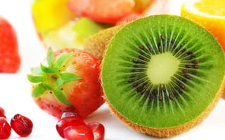 Картинка strawberry, киви, лимон, фрукты, kiwi, Fruits, клубника, lemon, pomegranate, гранат