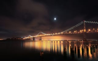 Картинка USА, мост, огни, San Francisco, South Beach, река, ночь, сваи