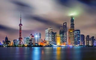 Картинка Китай, Шанхай, подсветка, дома, город, вода, ночь