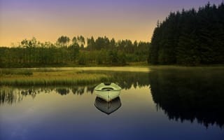 Картинка рассвет, лес, лодка, озеро