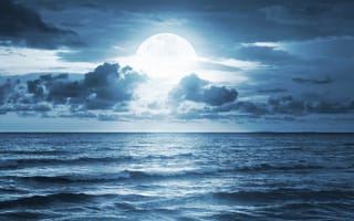 Картинка Полная луна, облака, beautiful nature, море, full moon, sky, sea, clouds, Moonlight, полночь, landscape, драматическая сцена, midnight, красивая природа, лунный свет, небо, океан, пейзаж, dramatic scene, ocean
