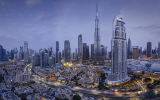 Картинка дорога, здания, Дубай, башня, Dubai, небоскрёбы, панорама, дома