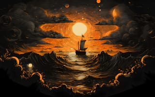 Картинка waves, sky, landscape, Sun, clouds, digital art, ship, water