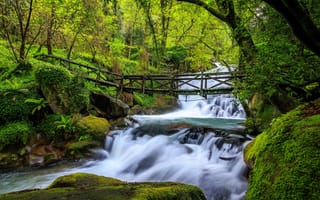 Картинка лес, река, мостик, Португалия, водопады, каскад
