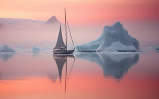 Картинка море, туман, рассвет, отражение, утро, яхта, льды, айсберг