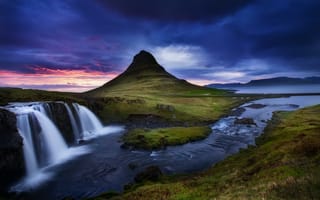 Картинка вулкан, река, природа, водопад, Kirkjufell, Исландия, поток, пейзаж, гора, облака