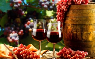 Картинка бочонок, виноград, вино, ветки, бокалы, красное