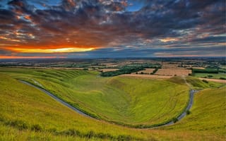 Картинка холмы, природа, Англия, England, долина, небо, поле, закат, облака, Oxfordshire